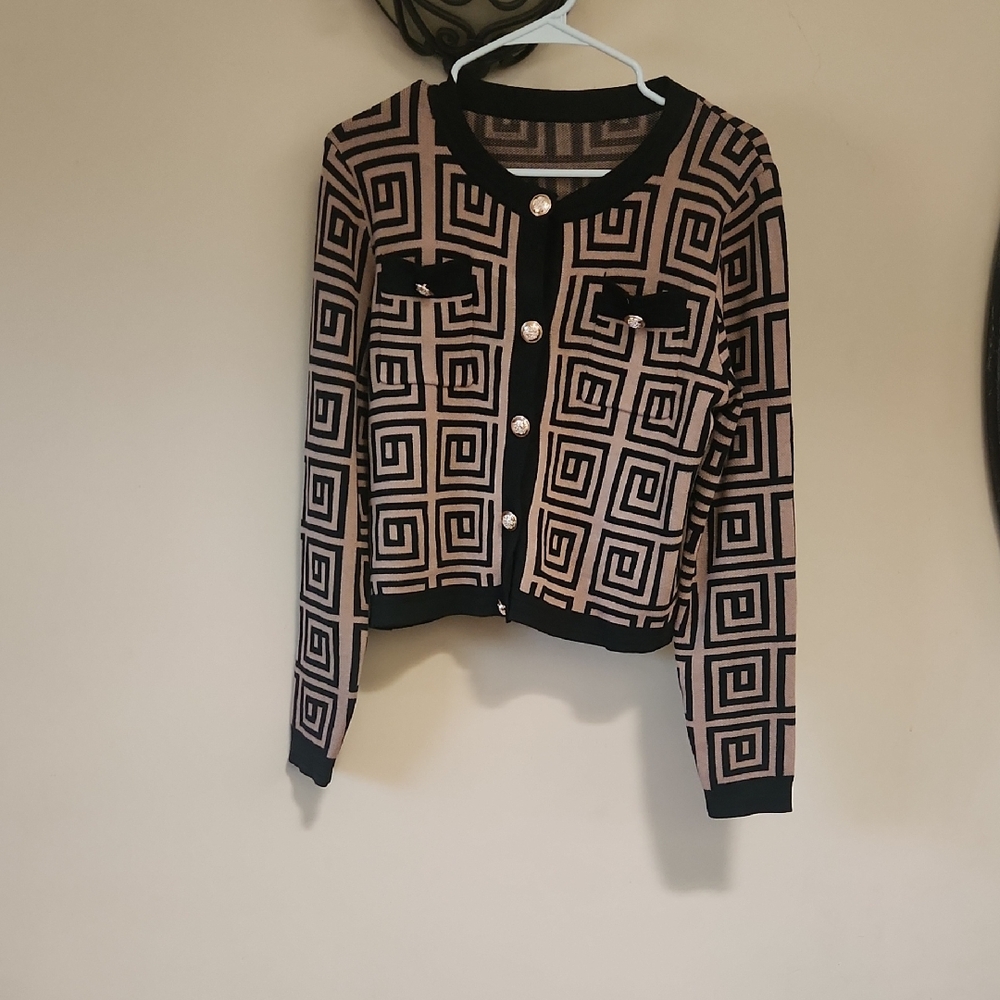Geometric Patterned Black and Tan Women's Sweater